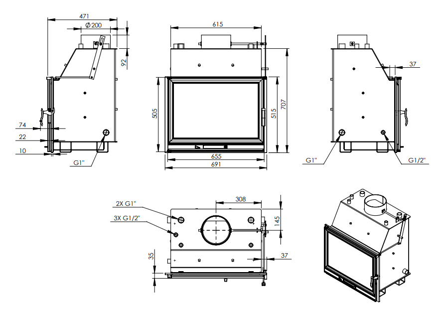 LB 800 PW Water Heater Wood Fireplace 70 Lateral