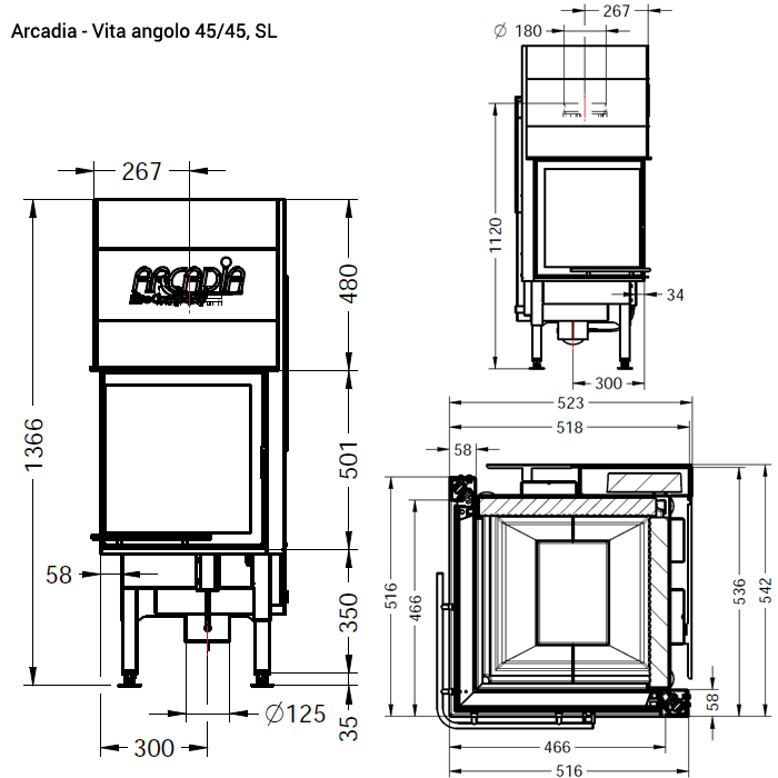 ARCADIA VITA ANGOLO Wood Fireplace 45 Corner