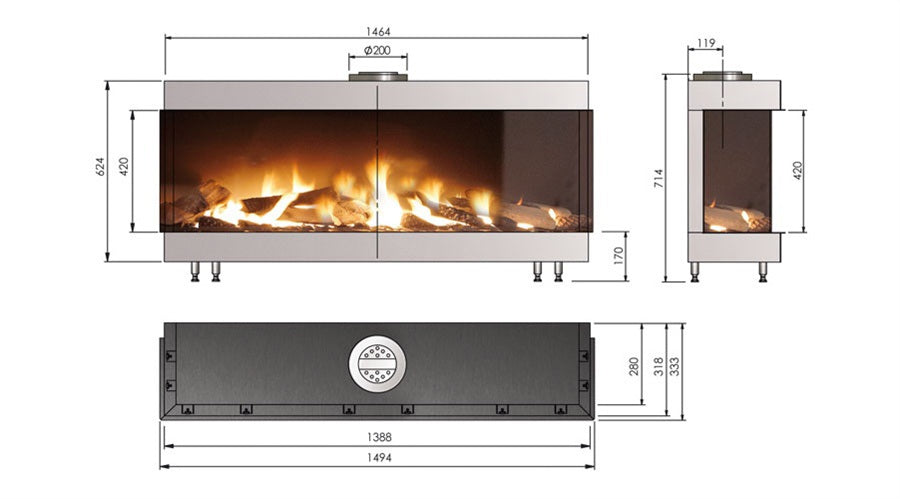 TRISORE 140 Gas Fireplace 3 Sided