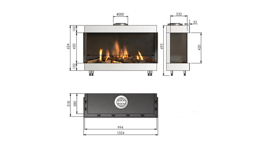 TRISORE 95 Gas Fireplace 3 Sided