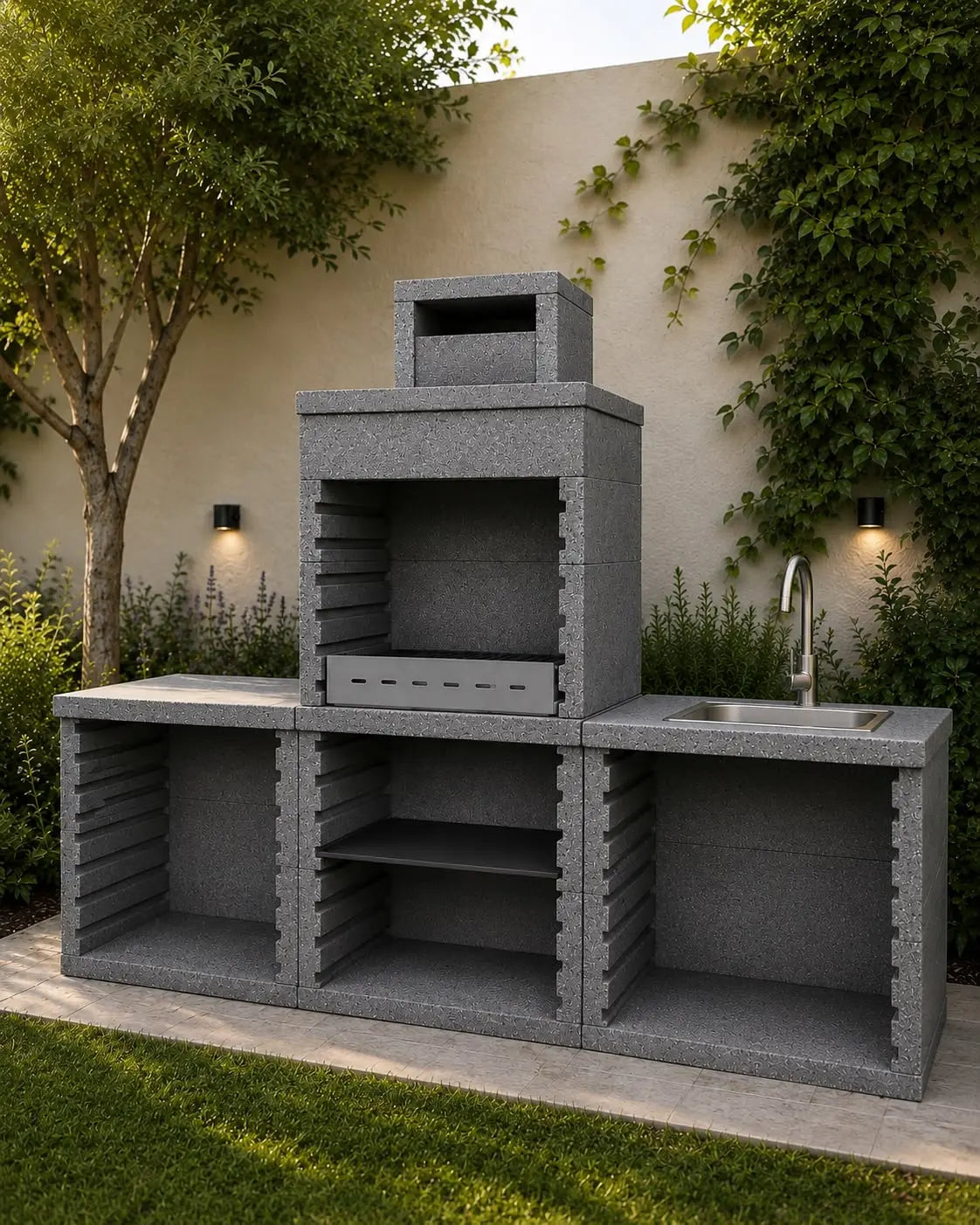 Completed grey stone outdoor kitchen with preparation table, charcoal barbecue and sink attached